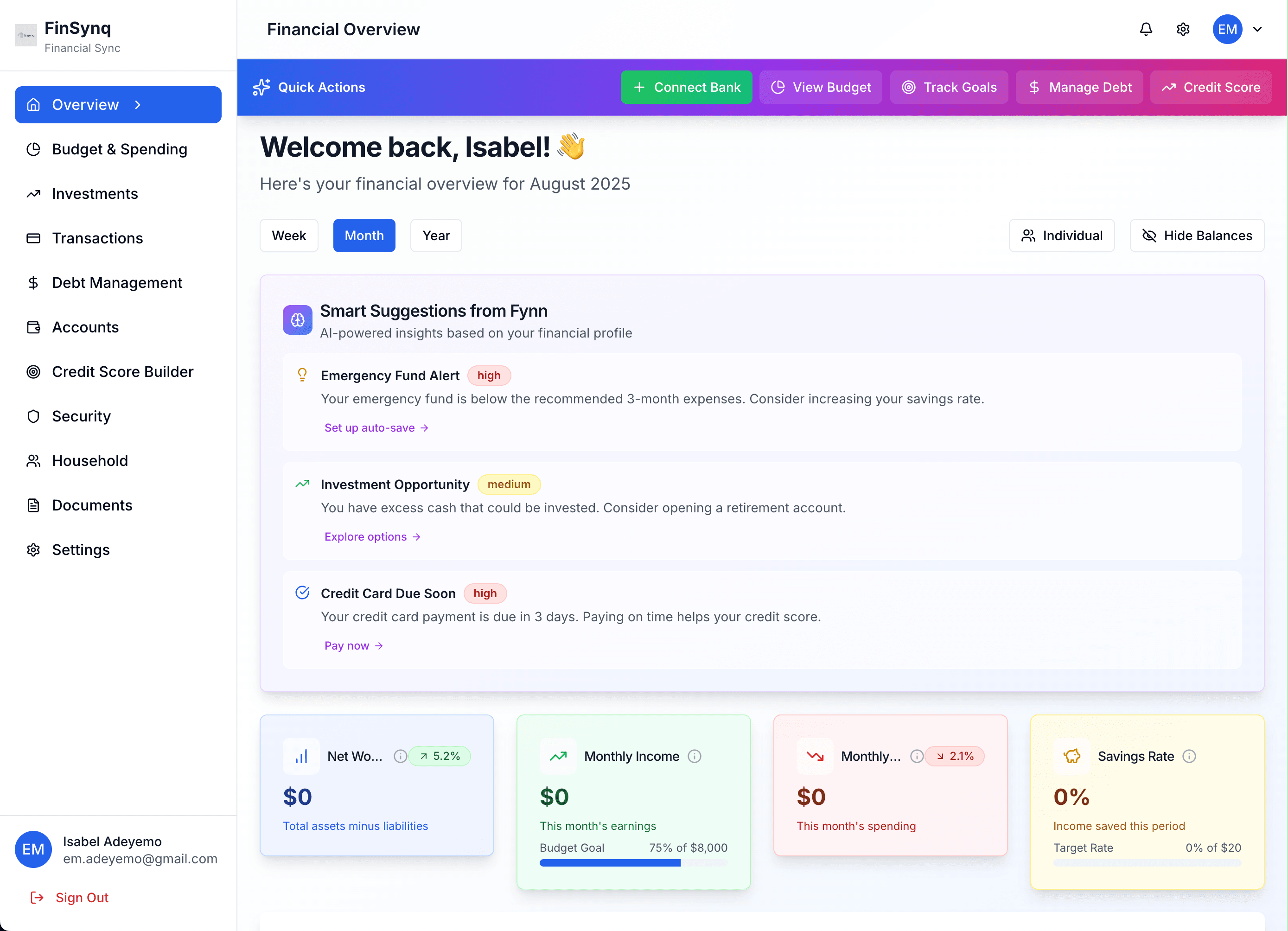 FinSynq Dashboard Preview - Beautiful financial overview with AI insights