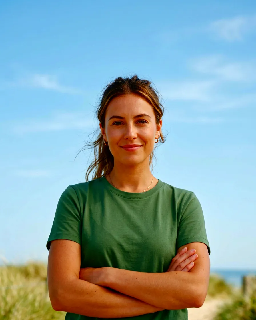 A confident woman outdoors on a bright day
